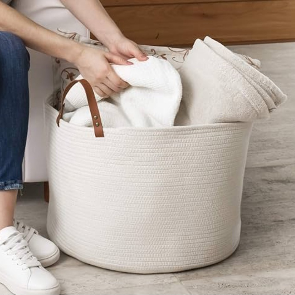 Extra Large Cotton Rope Basket with Leather Handles.